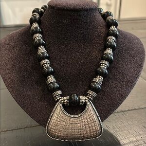 Chico’s Chunky Bead Pendant Black Silver Beaded Necklace